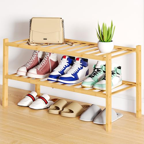 Smiry Bamboo Shoe Rack, 2 Tier Free Standing Wooden Shoe Organizer, Stackable Wood Shoe Storage Shelf for Closet, Entryway, 12 Vertical Slats, One-piece Standard Legs, 26.8"x11"x13", Natural - color: Natural, size: 26.80" Wide - 2 Tier - Regular