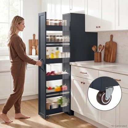 6-Tier Slim Mobile Shelving Cart with Wheels, Rolling Pantry Cabinet with 6 Baskets, Narrow Pull-Out Utility Cart, Space Saving Storage Organizer for Kitchen Living Room Bathroom Narrow Spaces, Black - size: Black & 11.81"D x 15.75"W x 70.47"H