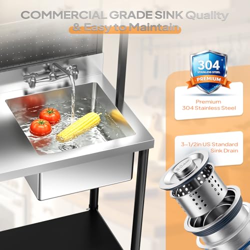 VINGLI 67'' 304 Stainless Steel Commercial Sink, Freestanding Utility Sink Table with Drainboard, Adjustable Shelves,Pegboard for Hanging Tools, Heavy Duty Prep Sink for Kitchen Garage Laundry Room