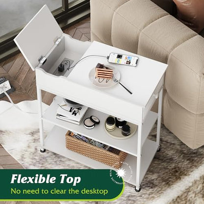 WLIVE Narrow Side Table with Charging Station, Couch Side Table for Living Room, Narrow End Table for Bedroom with Fabric Drawer, USB Ports and Power Outlets, Samll Nightstand Bedside Tables, White - color: White