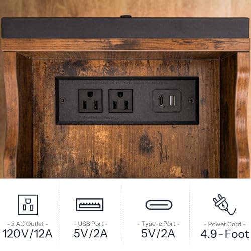 HOOBRO End Table with Charging Station, Narrow Side Table, Flip Top Nightstand with USB Ports and Outlets, Bedside Tables with Shelf for Small Spaces, Living Room, Rustic Brown BF341BZ01 - color: Rustic Brown + Black