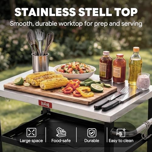 Feasto 3-Tier Outdoor Grill Cart, 26.6" x 16.1" Rolling Pizza Oven Table | Compact Stainless Top for Pizza Ovens & Griddles, Outdoor Bar Cart with S-Hooks for Patio Parties, Deck Dining & Camping - size: Compact