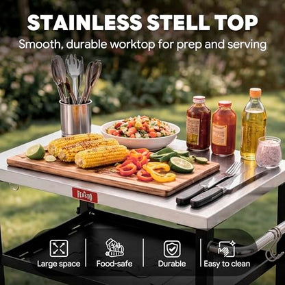 Feasto 3-Tier Outdoor Grill Cart, 26.6" x 16.1" Rolling Pizza Oven Table | Compact Stainless Top for Pizza Ovens & Griddles, Outdoor Bar Cart with S-Hooks for Patio Parties, Deck Dining & Camping - size: Compact