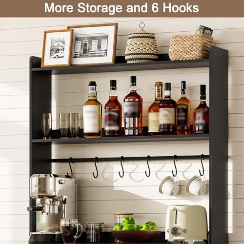 ChooChoo Farmhouse Coffee Bar Cabinet with Storage, Bakers Rack with Power Outlets, Microwave Stand Kitchen Cabinet with Hutch and 6 Hooks, Black - color: Black