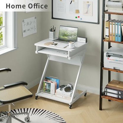 ALISENED 2 Tier Computer Desk with Keyboard Tray, 23.6" Home Office Desk Computer Workstation Rolling Study PC Laptop Table for Small Spaces,Z-Shaped Small Compact Study Table,White - color: White