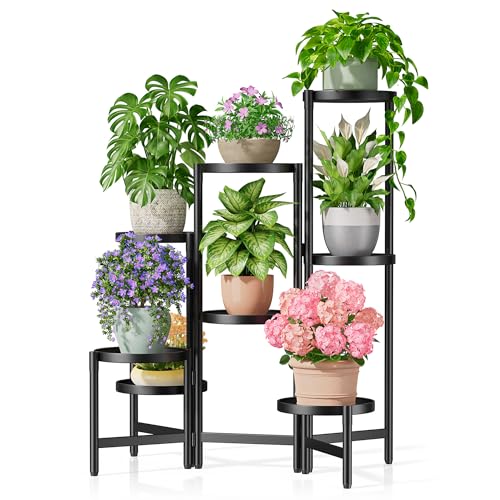 8 Tiered Plant Stand Indoor for Multiple Large Planter, Tall Heavy Duty Adjustable Folding Rack with Rustproof 7.9 Inch Wide Tray, Plant Shelf for Corner Living Room - BlackDisk - color: BlackDisk, size: 8-tiers