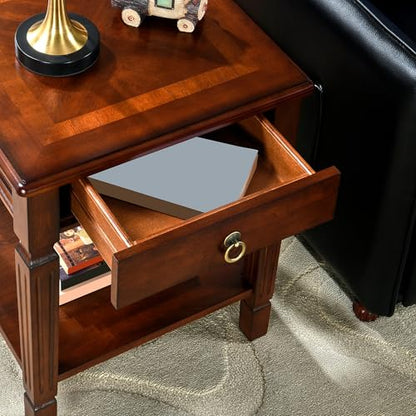 Set of 2 Small End Table with Drawer and Storage Shelf, Traditional Square Sofa Side Table with Straight Carved Legs, 2-Tier Bedside Tables Nightstand in Dark Cherry, 17.7" Dx21.9 H - size: 2PCS