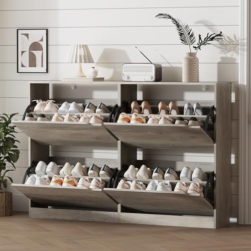 Xixini Shoe Storage Cabinet for Entryway with 4 Flip Drawers, Sturdy Wood Hidden Shoe Storage, Freestanding Narrow Slim Shoe Organizer for Front Door Entrance, Living Room, Hallway, Bedroom, Grey - color: Grey, size: 4 Drawers without Rack