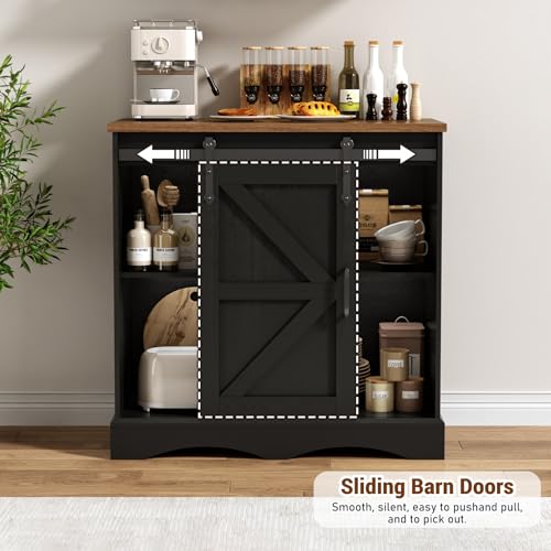 HOMFAMILIA 31.5" H Farmhouse Coffee Bar Cabinet w/Storage, White Kitchen Coffee Station with Sliding Barn Door, Rustic Buffet Cabinet with Adjustable Shelves, for Kitchen, Living Room, Black - color: Black