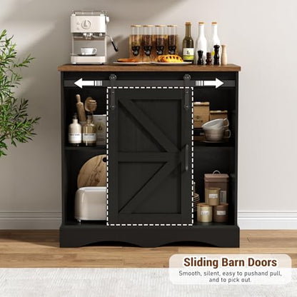 HOMFAMILIA 31.5" H Farmhouse Coffee Bar Cabinet w/Storage, White Kitchen Coffee Station with Sliding Barn Door, Rustic Buffet Cabinet with Adjustable Shelves, for Kitchen, Living Room, Black - color: Black