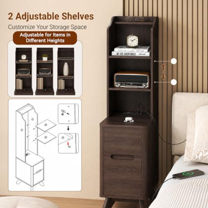 Tall Nightstand Set of 2 w/Charging Station, Narrow Nightstand w/Bookshelf | 47" Modern Side Table with 2 Drawers, Adjustable 4 Open Shelves, Wooden End Table Bedside Table for Bedroom (Brown) - color: Brown, size: Tall (2 drawer)