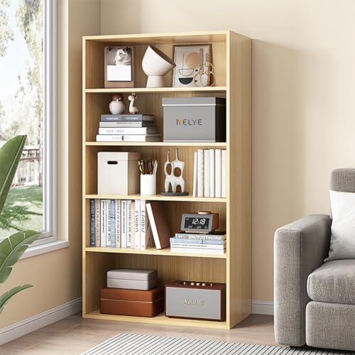NELYE 5 Tier Open Shelf Bookcase, 23.62" x 9.53" x 52.17" in, Oak | Fits Books, Decor, Toys, Sturdy MDF Resists Wobble, Scratch-resistant, Easy Clean, For Living Room and Bedroom - color: Oak, size: 5-Tier