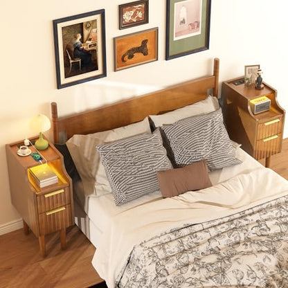 9.7" Narrow Nightstand Set of 2, Solid Wood Nightstand with Charging Station - color: Walnut 2 Pcs