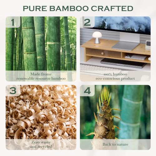 Bamboo Monitor Stand with Acrylic Sliding Door, Monitor Riser with Storage and Cable Management, Wood Desk Shelf for Home Office, Laptop and Printer