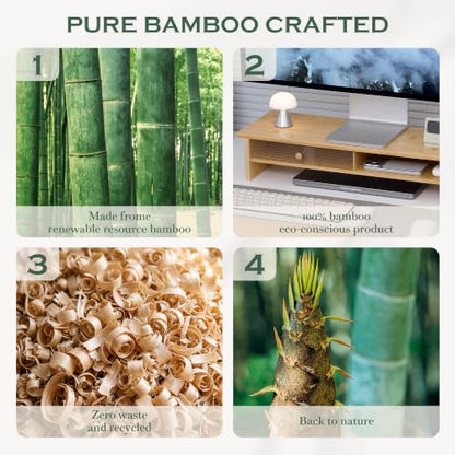 Bamboo Monitor Stand with Acrylic Sliding Door, Monitor Riser with Storage and Cable Management, Wood Desk Shelf for Home Office, Laptop and Printer