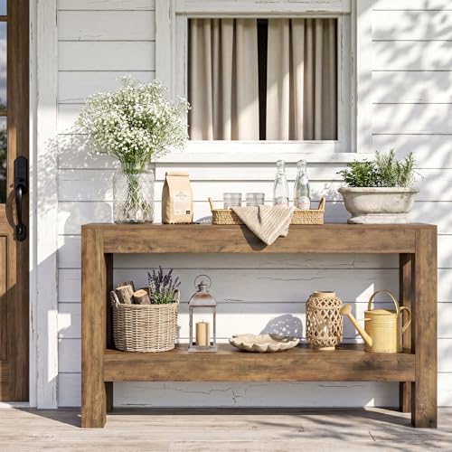 LITTLE TREE 63-Inch Entryway Console Table, Long Farmhouse Narrow Sofa Table for Living Room, Hallway, Entry, Entrance, Foyer, Behind Couch with 2-Tier Shelves, Rustic Brown - color: Light Brown