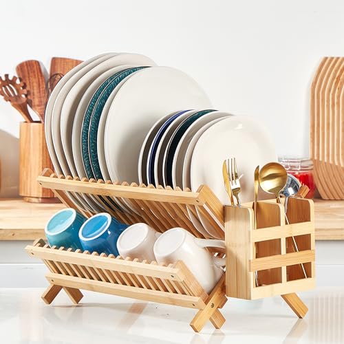 NOVAYEAH Bamboo Dish Drying Rack-2 Tier, Collapsible Small Dish Rack with Utensil Holder, Wooden Drying Rack for Kitchen Counter, Apartment Essentials Kitchen Plate Holder Organization 34 pcs Grid - color: 2-tier (Bamboo)