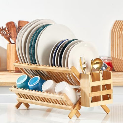 NOVAYEAH Bamboo Dish Drying Rack-2 Tier, Collapsible Small Dish Rack with Utensil Holder, Wooden Drying Rack for Kitchen Counter, Apartment Essentials Kitchen Plate Holder Organization 34 pcs Grid - color: 2-tier (Bamboo)