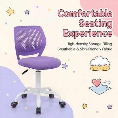 Costzon Kids Desk Chair, Armless Height Adjustable Kids Computer Chair w/Elastic Sponge Filling, Ergonomic Backrest & Stable 5-Point Wheels, Children Rolling Swivel Chair for Studyroom (Purple) - color: Purple