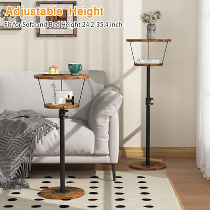 Small Side Table, 2 Tier Drink Table, Height Adjustable Round End Table, Pedestal Side Table for Small Spaces in Living Room, Bedroom, Brown - color: Brown-2 Tier