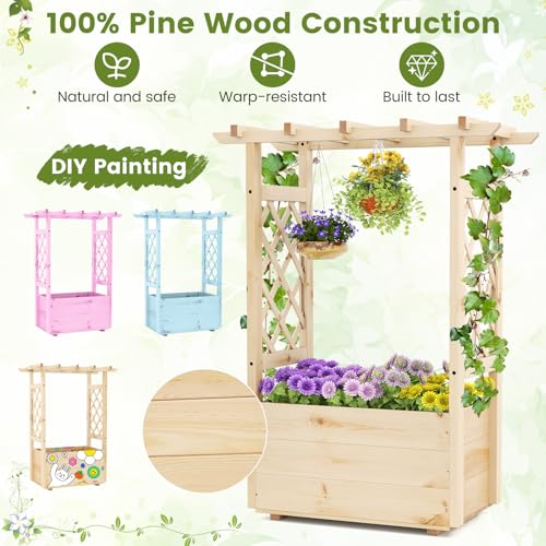 Giantex Raised Garden Bed with Sided Trellis & Hanging Roof, Wood Planter Box, Freestanding Garden Planter Raised Bed for Flowers Herbs Climbing Vines 31”x16”x41” (L x W x H) - color: Natural, size: 31”x16”x41”