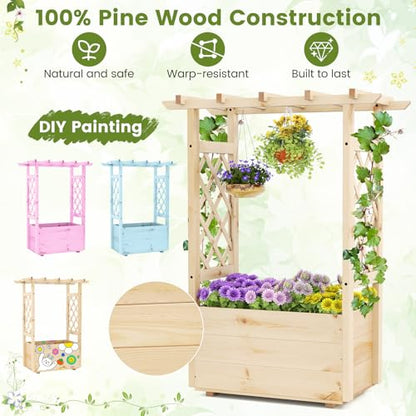 Giantex Raised Garden Bed with Sided Trellis & Hanging Roof, Wood Planter Box, Freestanding Garden Planter Raised Bed for Flowers Herbs Climbing Vines 31”x16”x41” (L x W x H) - color: Natural, size: 31”x16”x41”