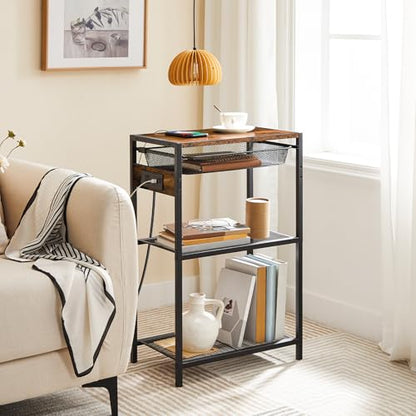 HOOBRO Tall Side Table with Charging Station, Industrial Telephone End Table with Pull-Out Metal Storage Drawer, Tall Slim Nightstand for Living Room, Bedroom, Office, Rustic Brown BF06UDH01