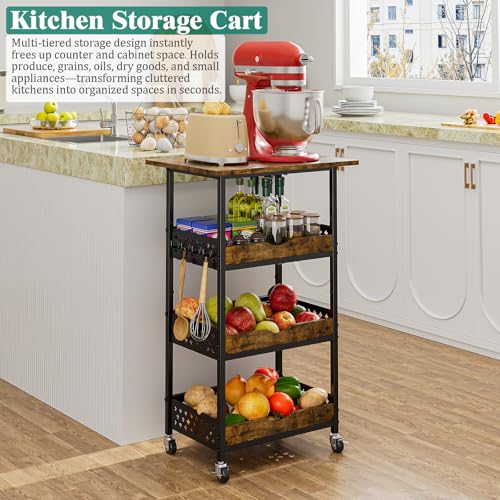 Giwil 4-Tier Rolling Kitchen Cart, Microwave Stand with Wooden Top Coffee Station Table Snack Rack Organizer, Utility Cart on Wheels for Onions Potatoes, Black - size: 4 Tier with Big Top