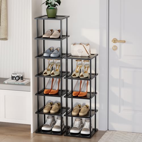 Vertical Tall Shoe Rack Organizer for Entryway -12 Tier Free Standing Slim Narrow Bamboo Wood Corner Stackable Shoe Boots Storage Stand Small Spaces for Closet Garage Cloakroom Living Room (Black) - color: Black, size: 12 Tier