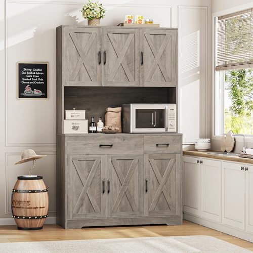 HOSTACK 71" Pantry Cabinet with Charging Station, Tall Kitchen Pantry Storage Cabinet with Microwave Stand, Farmhouse Kitchen Hutch with Storage Drawers for Living Room, Dining Room, Ash Grey - color: Ash Grey
