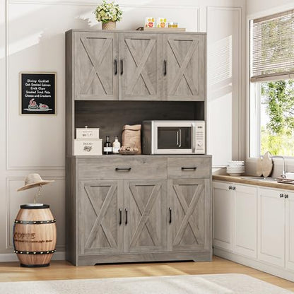 HOSTACK 71" Pantry Cabinet with Charging Station, Tall Kitchen Pantry Storage Cabinet with Microwave Stand, Farmhouse Kitchen Hutch with Storage Drawers for Living Room, Dining Room, Ash Grey - color: Ash Grey