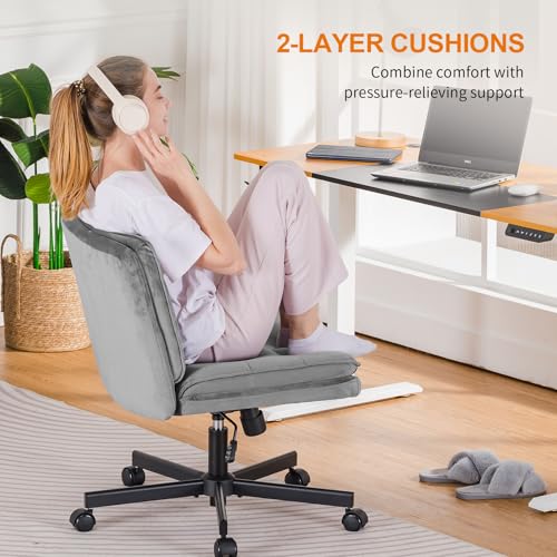 COMHOMA Cross Legged Office Chair with Wheels Armless-Office Desk Chair, Modern Vanity Computer Task Chairs for Home Bedroom, Comfortable Wide Seat for Lower Back Pain Relief, Soft Velvet, Gray - color: Gray Velvet