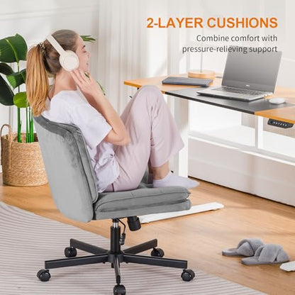 COMHOMA Cross Legged Office Chair with Wheels Armless-Office Desk Chair, Modern Vanity Computer Task Chairs for Home Bedroom, Comfortable Wide Seat for Lower Back Pain Relief, Soft Velvet, Gray - color: Gray Velvet