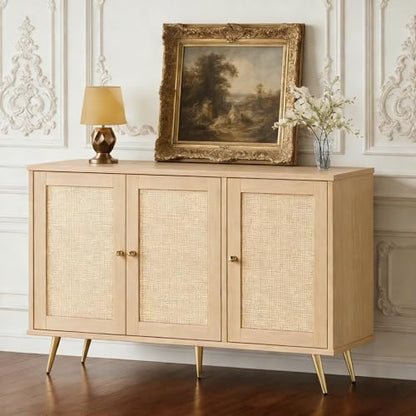 Buffet Sideboard Cabinet with Set of 2 Storage, Kitchen Storage with 3 Rattan Decorated Doors, Accent Cabinet for Dining Room, Living Room, Entryway, Hallway, Natural