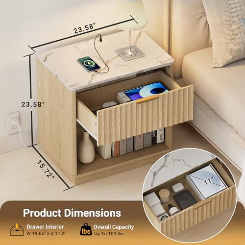 Fluted Nightstand, Night Stand Set 2, 23" Wide Nightstands Set of 2 with Charging Station & Faux Marble Top, Modern End Table with Drawer, Bedside Table for Bedroom Living Room, Natural Oak - color: Natural Oak + Faux Marble Top, size: 1 Drawer（23"W）