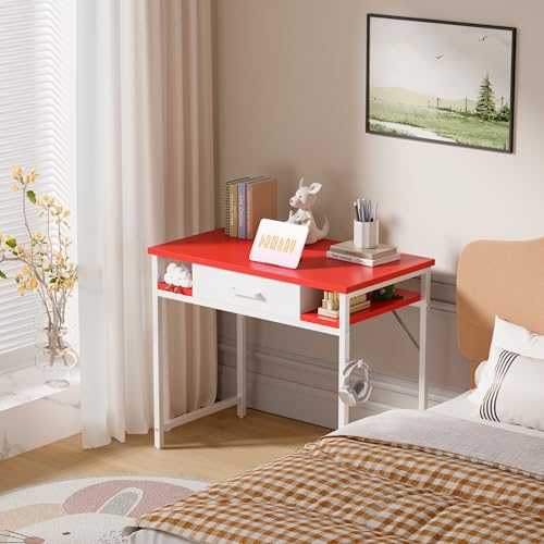 Pamray 32 Inch Small Computer Desk with Drawers for Bedroom Small Spaces | Compact, Sturdy, Easy Assembly, Mini, Suitable for Dorm and Apartment, Study and Writing - color: Red