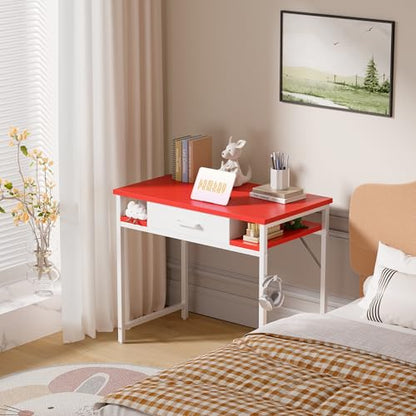 Pamray 32 Inch Small Computer Desk with Drawers for Bedroom Small Spaces | Compact, Sturdy, Easy Assembly, Mini, Suitable for Dorm and Apartment, Study and Writing - color: Red