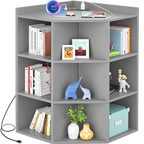 Aheaplus Corner Cabinet, Corner Storage with USB Ports and Outlets, Corners Cube Toy Storage for Small Space, Wooden Corners Cubby Bookshelf with 9 Cubes for Playroom, Bedroom, Living Room, Grey - color: Grey, size: 4-Tier