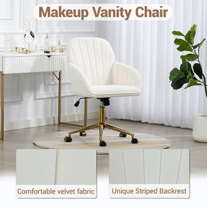 Velvet Make Up Vanity Chair with Wheels and Gold Base 330 Lbs - Beige | Home office Chair, Study Chair, Teacher Chair, Cute Chair, Height Adjustable Swivel Desk Chair, for Living Room Study Room - color: Beige