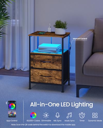 SONGMICS BELLAH Collection - Nightstand with Charging Station and App-Controlled Adjustable LED Lights, Bed Side Table, 2 Drawers and 1 Open Shelf, Industrial, Rustic Brown and Ink Black ULGS302KD01S - color: Rustic Brown + Ink Black, style: 2 Drawers