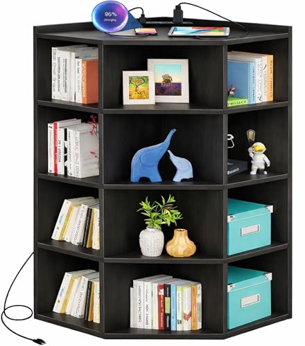 Aheaplus Corner Cabinet, 5-Tier Corner Bookshelf with Power Outlets, Corner Cube Storage Shelf with Top Table, Wooden L Cubby Toy Storage with 12 Cubes for Home Office, Bedroom, Living Room, Black - color: Black, size: 5-Tier