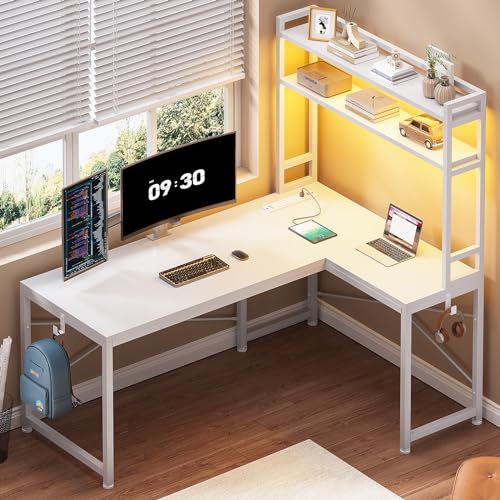SEDETA White Corner Desk, Reversible 45.3” Small Computer Desk with Power Outlet and LED Lights, Corner Computer Desk with Hutch, Storage Shelves and Hooks for Small Space - color: White