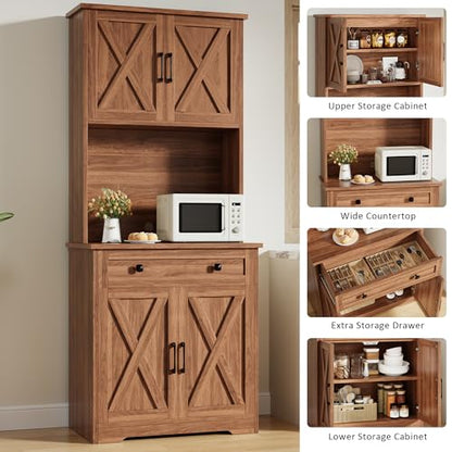 GarveeLife 71" Pantry Cabinet with Charging Station, Tall Kitchen Pantry Storage Cabinet with Microwave Stand, Large Farmhouse Kitchen Hutch with Cabinet Doors & Drawer for Living Room, Dining Room - color: Brown