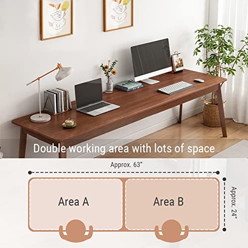 NELYE Mid-Century Long Desk Table, 63" W x 24" D, Walnut | Simple Modern Wood Table, Extra Long 2-Person Computer Workstation for Home Office Work, Holds 200 Lbs - size: 63"W24"D