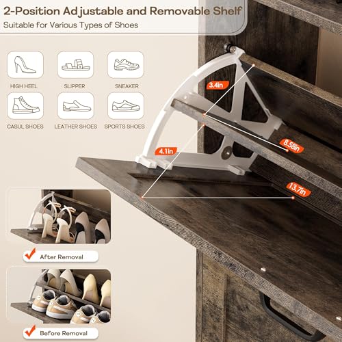 Nicetree Shoe Cabinet with 2 Flip Drawers, Entryway Organizer, Chestnut | Slim Wood Shoe Rack with Metal Legs, Farmhouse Shoe Cabinet Storage for Entryway, Foyer, Hallway, Shoe Dresser with Hook - color: Chestnut
