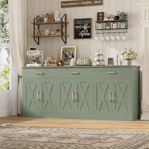 HOSTACK 71"W Farmhouse Kitchen Sideboard Buffet Cabinet with Storage, Green | Large Coffee Bar Cabinet with 3 Wide Drawers, Long Buffet Table with Shelves, Kitchen Storage Cabinet for Dining Room - color: Green