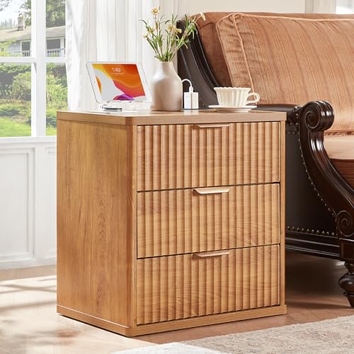 LEYAOYAO 23" Wide Fluted Night Stand with Charging Station, 3 Drawers Large End Table with Storage, Brown Nightstand Wood Bedside Tables, Farmhouse Cabinet Dresser for Bedroom, Living Room,Closet - color: Brown, size: 3 Drawers