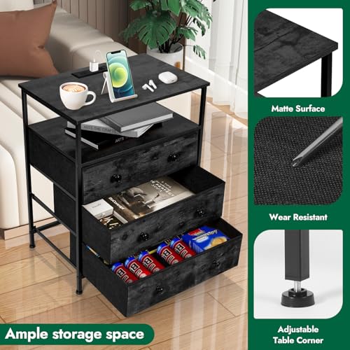 3-Drawer LED Nightstand with Charging Station, Black. | Engineered Wood and Steel, 2 AC and 2 USB ports, 24 Inch Wide, RGB App Control, Fabric Drawers, Open Storage Shelf - color: Black