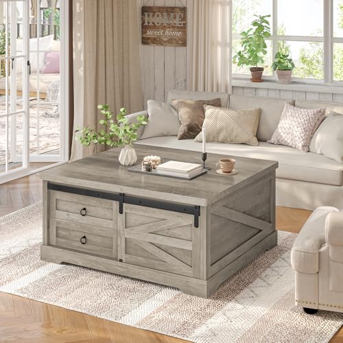 Itaar 39.4'' Lift Top Coffee Table with Storage, Farmhouse Coffee Tables for Living Room, Square Coffee Table with Large Hodden Compartment & 2 Drawrs & Adjustables Shelves (Gray) - color: Grey