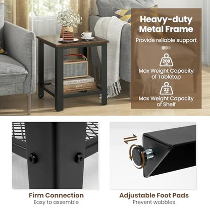 Giantex 2-Tier End Table Set of 2, 16 Inch Small Side Table w/Mesh Storage Shelf, Industrial Telephone Table with Heavy-Duty Metal Frame, Square Sofa Table for Small Space Living Room, Rustic Brown